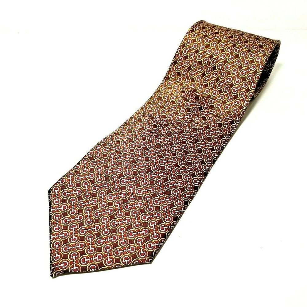 Morgano Uomo 100% silk horse bit design tie brown 4" wide 58" long made in Italy
